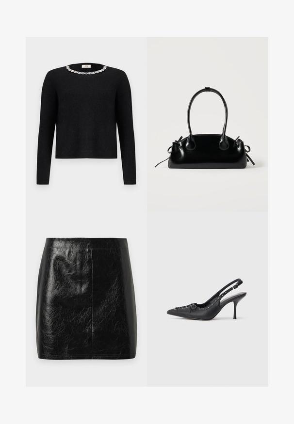 Pull noir à manches longues et col rond, orné d'une décoration en cristal autour du col. Texture douce.; Jupe mini en cuir synthétique noir avec une texture lisse et brillante, présentant une coupe droite et des coutures minimales au niveau de la taille.; Escarpin en cuir noir à talon aiguille avec un bout pointu, une bride latérale à boucle, des clous le long du bord et un laçage décoratif à l'avant.; Petit sac à main noir brillant avec deux longues anses et des détails à cordon sur les côtés sur un fond clair uni.