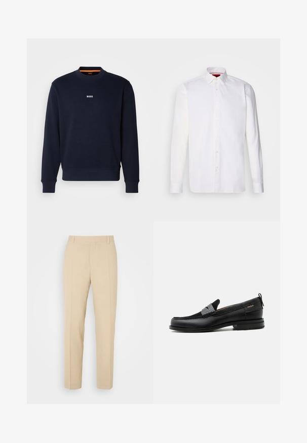 Sudadera azul marino de tela suave, con cuello redondo y puños acanalados, con la palabra "BOSS" impresa en blanco en el pecho.; Camisa blanca de manga larga hecha de algodón, con un collar clásico, placket frontal con botones y una textura suave. Detalle interior del collar en rojo.; Pantalones de color beige ajustados con un diseño de pierna recta, elaborados en una tela ligera, que presentan dos bolsillos frontales y pliegues bien planchados.; Mocasín de cuero negro con detalle de tira gris, tacón bajo y suela texturizada, con la marca "HUGO" en oro en el lateral.