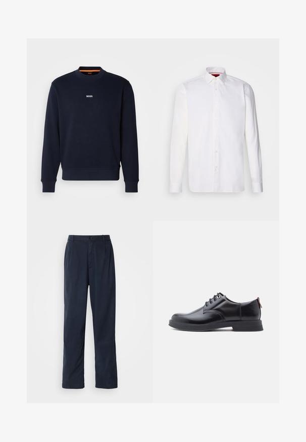 Sudadera azul marino de tela suave, con cuello redondo y puños acanalados, con la palabra "BOSS" impresa en blanco en el pecho.; Camisa blanca de manga larga hecha de algodón, con un collar clásico, placket frontal con botones y una textura suave. Detalle interior del collar en rojo.; Pantalones azul marino de mezcla de algodón. Cuentan con un diseño de pierna recta, cierre frontal con boton, y pliegues sutiles. Textura suave.; Zapatos de piel negra con cordones, textura lisa, puntera redondeada y detalles sutiles de costura. Cuentan con una lengüeta roja en el talón.