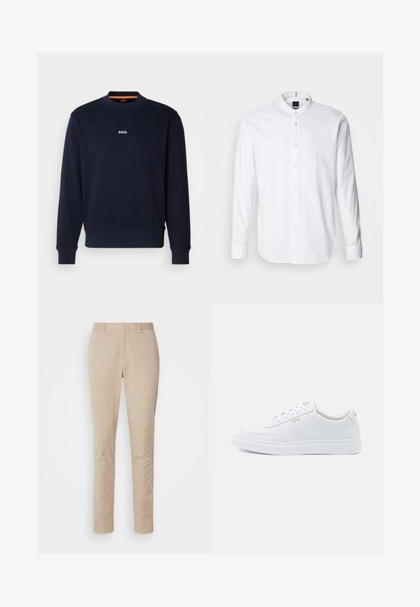 Marineblå sweatshirt lavet af blødt stof, med rund hals og ribbede manchetter, med ordet "BOSS" trykt i hvidt på brystet.; Hvid langærmet skjorte med bandkrave, knaplukning fortil og rund kant. Lavet af bomuld, med en glat struktur og subtil glans.; Beige bomuldsbukser med lige ben, der har lynlåsgylpter, sidelommer og diskrete syninger. Glat tekstur.; Hvide lædersneakers med glat tekstur, rund tå og ton-i-ton syning. Har blå snørebånd og et gult logo på siden.