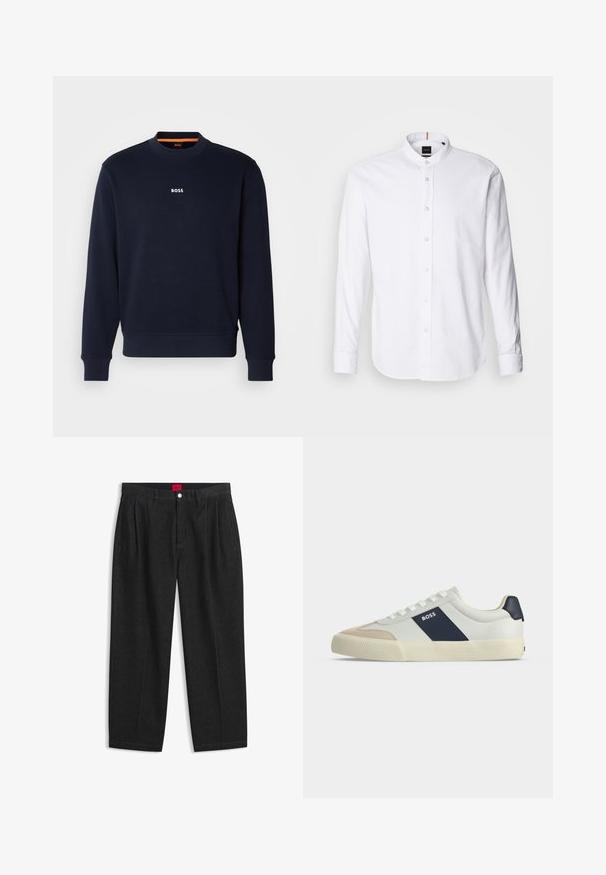 Navyblauwe sweatshirt van zacht materiaal, met een ronde halslijn en geribde manchetten, met het woord "BOSS" in het wit gedrukt op de borst.; Witte lange mouwen shirt met een bandkraag, knoopsluiting aan de voorkant en afgeronde zoom. Gemaakt van katoen, met een gladde textuur en subtiele glans.; Zwarte hoge taille broek met plooien aan de voorkant, ceintuurlussen, een knoop- en ritsluiting, en een rood label aan de binnenkant van de tailleband.; Witte lage sneaker met beige neus, donkerblauwe zijstreep met label BOSS, witte veters en rubberen zool op een neutrale achtergrond.