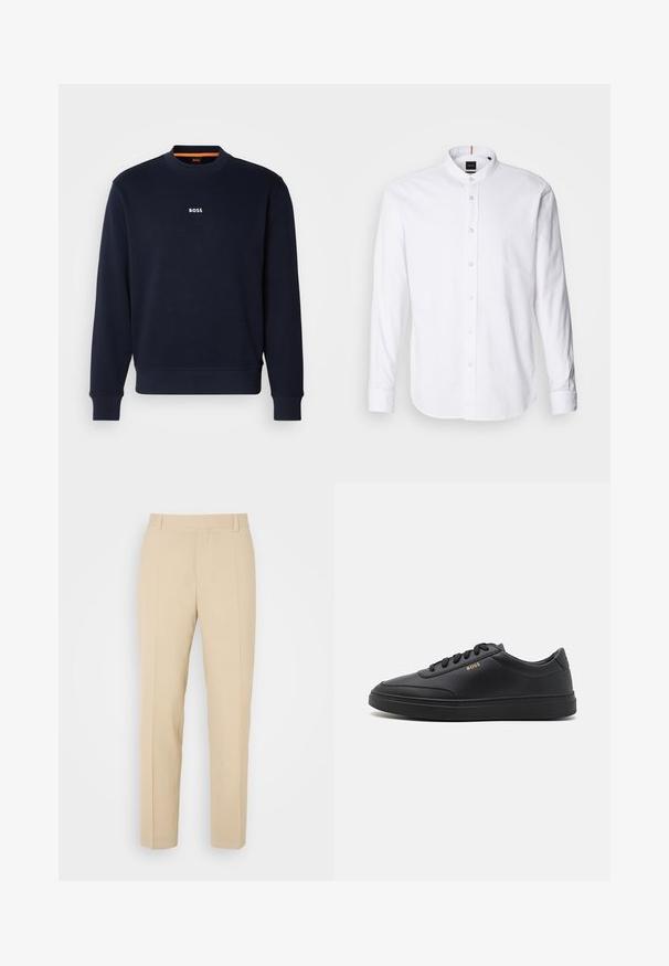 Navyblauwe sweatshirt van zacht materiaal, met een ronde halslijn en geribde manchetten, met het woord "BOSS" in het wit gedrukt op de borst.; Witte lange mouwen shirt met een bandkraag, knoopsluiting aan de voorkant en afgeronde zoom. Gemaakt van katoen, met een gladde textuur en subtiele glans.; Beige op maat gemaakte broek met een recht gesneden ontwerp, gemaakt van lichtgewicht stof, met twee voorzakken en nette, geplooide vouwen.; Zwarte leren sneakers met een gladde textuur, ronde neus, platte rubberen zool en tonale veters. Kenmerkt zich door de gouden "BOSS" branding aan de zijkant.