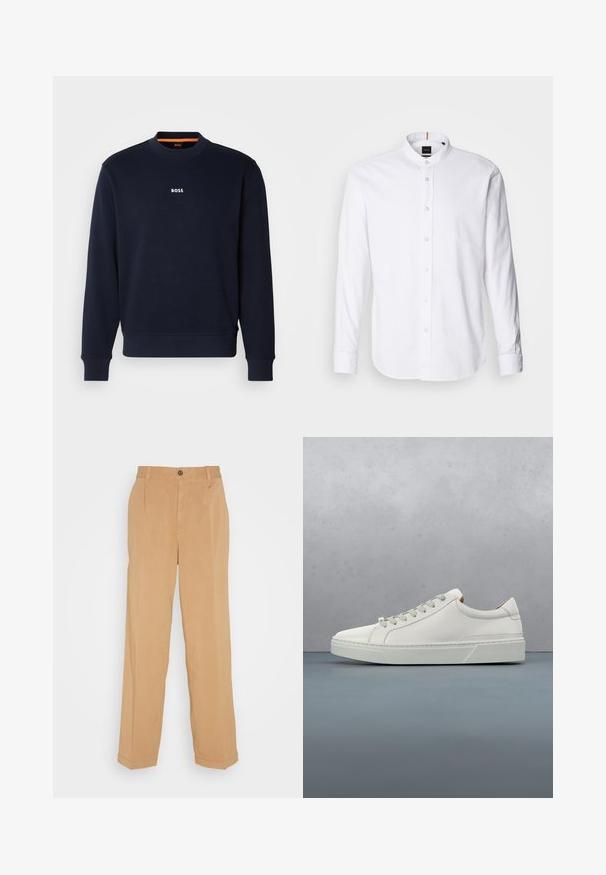Sudadera azul marino de tela suave, con cuello redondo y puños acanalados, con la palabra "BOSS" impresa en blanco en el pecho.; Camisa blanca de manga larga con cuello de banda, cierre de botones en el frente y dobladillo redondeado. Hecha de algodón, presenta una textura suave y un brillo sutil.; Pantalones de pierna ancha en beige, fabricados con tejido suave, que cuentan con dos bolsillos frontales, un cierre de botón y detalles de pliegues a lo largo de las piernas.; Zapatilla blanca de cuero con punta redondeada, diseño minimalista, cordones grises y suela de goma texturizada gris. Detalles de costura sutiles visibles.