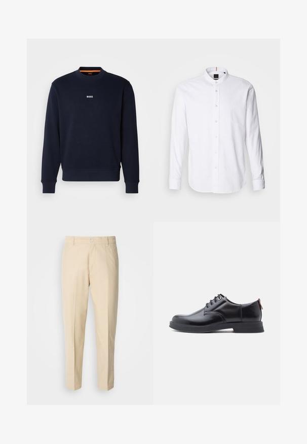 Sweat-shirt bleu marine en tissu doux, doté d'un col rond et de poignets côtelés, avec le mot "BOSS" imprimé en blanc sur la poitrine.; Chemise blanche à manches longues avec col bande, boutonnière à l'avant et ourlet arrondi. Fabriquée en coton, elle présente une texture lisse et un léger éclat.; Pantalons chino beige clair avec une coupe droite, texture du tissu lisse, présentant une fermeture à bouton à l'avant et deux poches latérales.; Chaussures en cuir noir à lacets avec une texture lisse, un bout arrondi et des détails de couture discrets. Présentent une languette rouge à l'arrière.