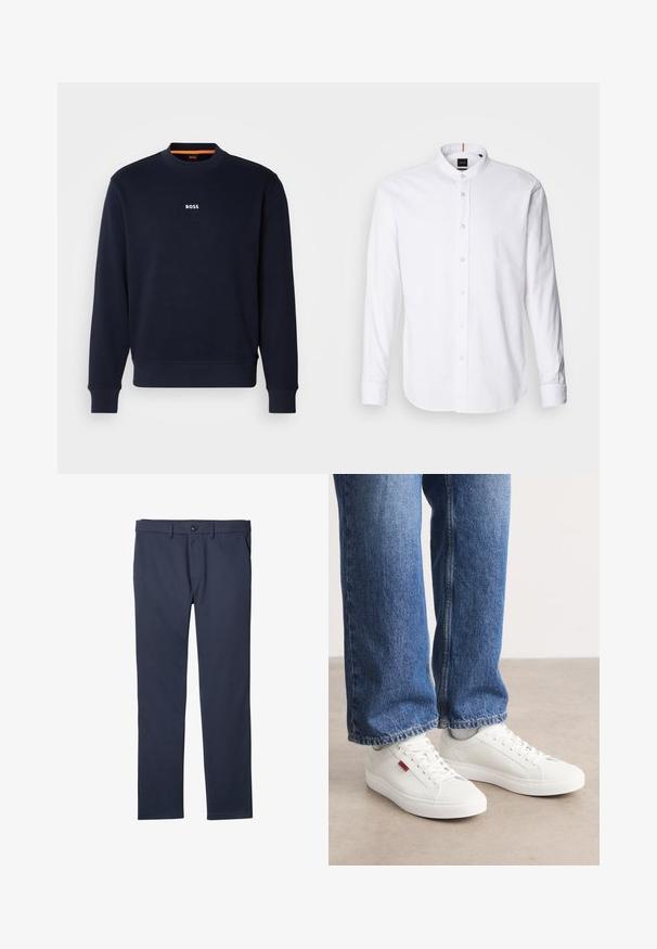 Navyblaues Sweatshirt aus weichem Stoff, mit Rundhalsausschnitt und Rippbündchen, mit dem Wort "BOSS" in Weiß auf der Brust bedruckt.; Weißes langärmliges Hemd mit Stehkragen, Knopfleiste und abgerundetem Saum. Aus Baumwolle gefertigt, mit einer glatten Textur und dezentem Glanz.; Marineblaue gerade geschnittene Hose mit Knopf- und Reißverschluss, Gürtelschlaufen und Seitentaschen.; Weiße Sneakers mit glatter Oberfläche, runder Spitze und flacher Sohle. Ergänzt durch blaue Jeans im geraden Schnitt mit sichtbaren Nähten.