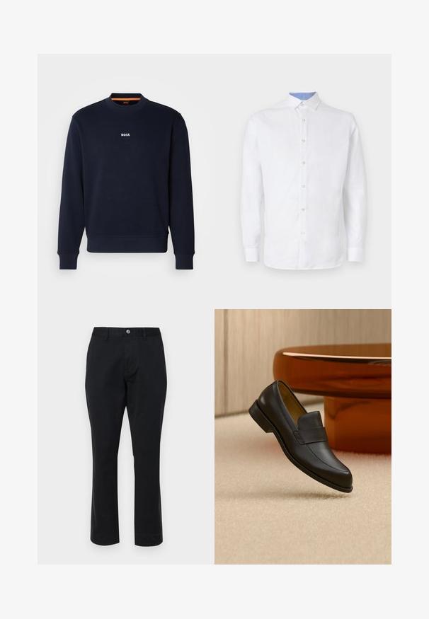 Navyblauwe sweatshirt van zacht materiaal, met een ronde halslijn en geribde manchetten, met het woord "BOSS" in het wit gedrukt op de borst.; Witte blouse met lange mouwen en knoopsluiting, voorzien van een lichtblauw geruit patroon aan de binnenkant van de kraag en manchetten. Glad textuur van de stof.; Zwarte katoenen broeken met een rechte pasvorm. Voorzien van een knoopsluiting en zijzakken. Glad textuur zonder zichtbare patronen.; Zwarte leren loafer met lage hak zwevend boven een beige tapijt dichtbij een ronde bruine tafel.