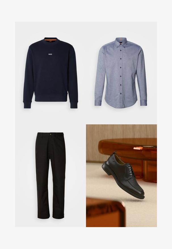 Sudadera azul marino de tela suave, con cuello redondo y puños acanalados, con la palabra "BOSS" impresa en blanco en el pecho.; Camisa de botones azul en una tela ligera. Presenta un cuello extendido, mangas largas y un pequeño logo en el pecho. Cierre frontal con botones.; Pantalones de algodón negros con corte recto, presillas para el cinturón, cremallera frontal y un solo botón de cierre. Textura suave sin patrones visibles.; Zapato de vestir negro de piel con cordones y parte delantera texturizada, flotando sobre una alfombra beige en una habitación moderna con muebles de tono ámbar.