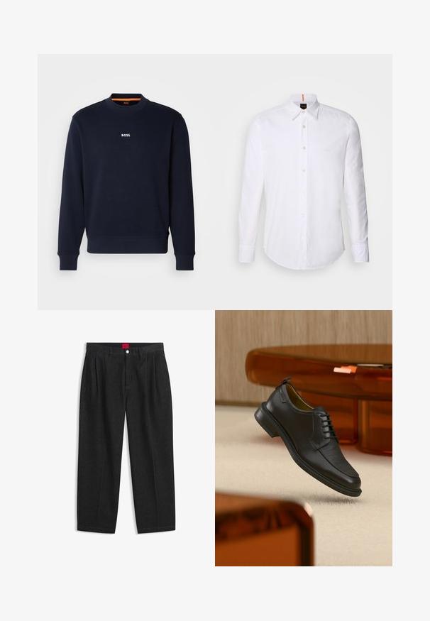 Sudadera azul marino de tela suave, con cuello redondo y puños acanalados, con la palabra "BOSS" impresa en blanco en el pecho.; Camisa blanca de manga larga y corte clásico, hecha de algodón, que presenta un cuello clásico, un logo sutil cerca del pecho y botones blancos.; Pantalones negros de talle alto con pliegues delanteros, trabillas para cinturón, cierre con botón y cremallera, y una etiqueta roja en el interior de la cintura.; Zapato de vestir negro de piel con cordones y parte delantera texturizada, flotando sobre una alfombra beige en una habitación moderna con muebles de tono ámbar.