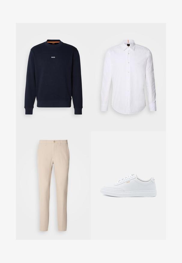 Navyblauwe sweatshirt van zacht materiaal, met een ronde halslijn en geribde manchetten, met het woord "BOSS" in het wit gedrukt op de borst.; Witte langwerpige overhemd met lange mouwen van katoen, met een klassieke kraag, een subtiel logo dicht bij de borst en witte knopen.; Beige broek van zachte stof, met knoopsluiting, rechte snit en zijzakken. Glad oppervlak met minimale stikdetails.; Witte leren sneakers met een gladde textuur, ronde neus en tonale stiksels. Voorzien van blauwe veters en een gouden logo op de zijkant.
