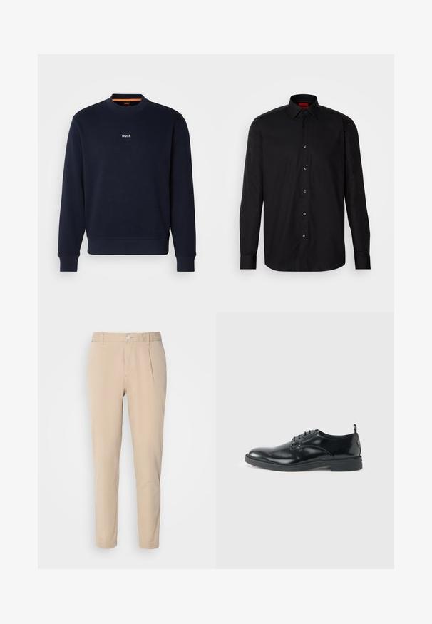 Navyblaues Sweatshirt aus weichem Stoff, mit Rundhalsausschnitt und Rippbündchen, mit dem Wort "BOSS" in Weiß auf der Brust bedruckt.; Schwarzes Langarmhemd aus glattem Stoff, mit klassischem Kragen, Knopfverschluss vorne und taillierter Passform.; Beige Hosen mit schmaler Passform, aus gewebtem Material. Sie verfügen über einen einzelnen Knopfverschluss, eine gefalte Vorderseite und gerade Beine.; Glänzender schwarzer Lederschuh mit niedrigem Absatz, Schnürverschluss und runder Kappe, seitlich auf hellem, schlichten Hintergrund gezeigt.