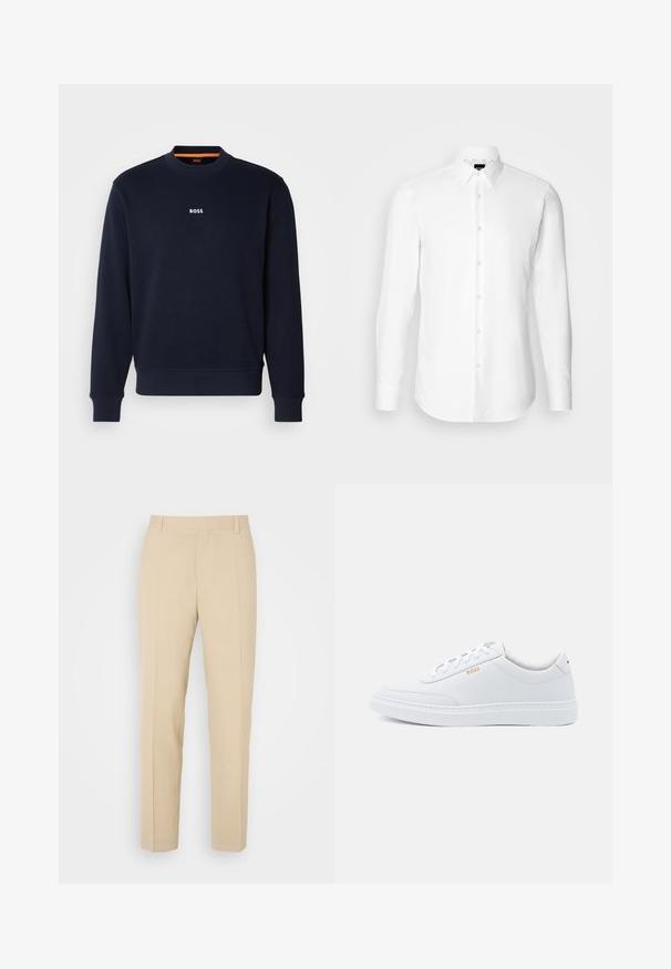 Navyblauwe sweatshirt van zacht materiaal, met een ronde halslijn en geribde manchetten, met het woord "BOSS" in het wit gedrukt op de borst.; Witte blouse met lange mouwen, knoopsluiting aan de voorkant, klassieke kraag, gemaakt van gladde stof met een subtiele textuur, ontworpen voor een aansluitende pasvorm.; Beige op maat gemaakte broek met een recht gesneden ontwerp, gemaakt van lichtgewicht stof, met twee voorzakken en nette, geplooide vouwen.; Witte leren sneakers met een gladde textuur, ronde neus en tonale stiksels. Voorzien van blauwe veters en een gouden logo op de zijkant.