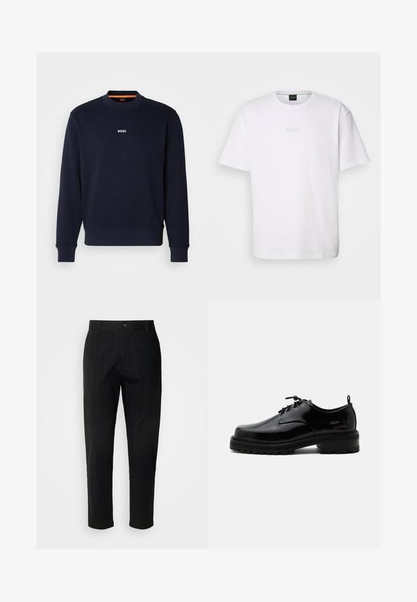 Sweat-shirt bleu marine en tissu doux, doté d'un col rond et de poignets côtelés, avec le mot "BOSS" imprimé en blanc sur la poitrine.; T-shirt en coton blanc à manches courtes, col rond, avec un logo « BOSS » en relief sur la poitrine. Texture lisse, coupe standard.; Pantalon noir en tissu lisse avec une coupe droite. Doté d'une fermeture à un bouton et de poches avant.; Chaussure en cuir noir poli à lacets, semelle en caoutchouc épaisse et talon bas, texte de marque "SAMSOE" sur le côté et languette arrière.