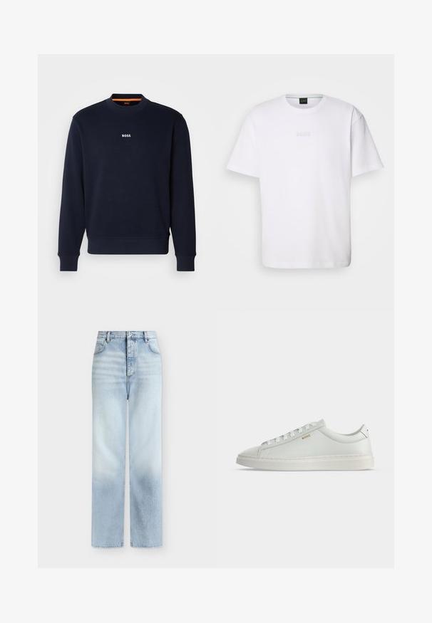 Navyblauwe sweatshirt van zacht materiaal, met een ronde halslijn en geribde manchetten, met het woord "BOSS" in het wit gedrukt op de borst.; Witte katoenen T-shirt met korte mouwen, ronde halslijn en reliëf 'BOSS' logo op de borst. Veilig textuur, standaard pasvorm.; Lichtblauwe, hoog getailleerde, rechte jeans met voorzakken, riemlussen en een knoopsluiting.; Witte lage leren sneaker met veters, platte zool en klein gouden "BOSS" logo aan de zijkant, gezien vanaf de buitenkant.