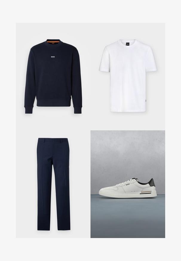 Sudadera azul marino de tela suave, con cuello redondo y puños acanalados, con la palabra "BOSS" impresa en blanco en el pecho.; Camiseta blanca lisa de manga corta y cuello redondo con una pequeña etiqueta negra de la marca en el cuello y una textura sutil en la tela.; Pantalones azul marino con un corte entallado, que presentan una textura suave, pliegues marcados y un diseño de frente plano. Cierre de cremallera oculta.; Zapatilla baja blanca con talón negro, cierre con cordones, perforaciones sutiles y el logo "BOSS" en el costado, mostrada desde el perfil exterior.