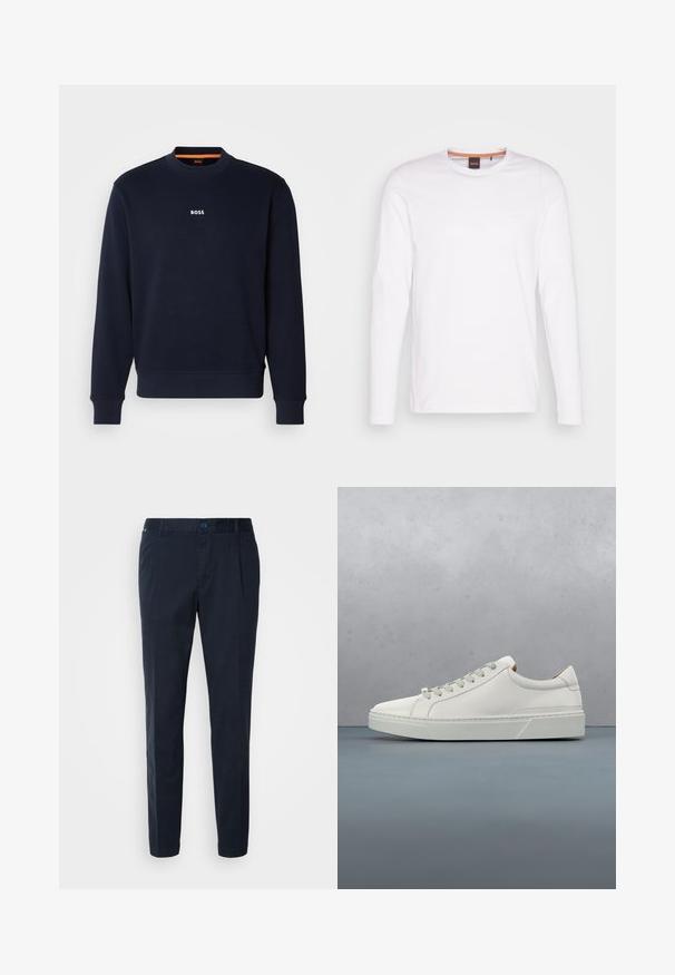 Navyblauwe sweatshirt van zacht materiaal, met een ronde halslijn en geribde manchetten, met het woord "BOSS" in het wit gedrukt op de borst.; Witte lange mouwen t-shirt gemaakt van katoen. Heeft een ronde halslijn en een klein reliëflogo op de linkerborst. Glad textuur.; Navyblauwe broek van een katoenmix, met een rechte snit, plooien aan de voorkant en een knoopsluiting in de taille. Gladde textuur, geen patronen.; Witte leren sneaker met een ronde neus, minimalistisch ontwerp, grijze veters en een gestructureerde grijze rubberen zool. Fijne stikdetails zichtbaar.