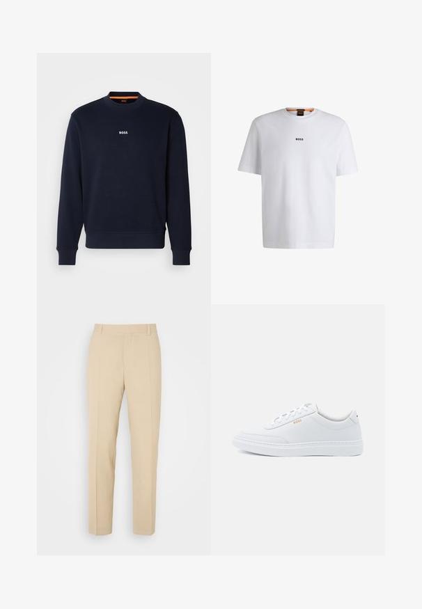 Navyblaues Sweatshirt aus weichem Stoff, mit Rundhalsausschnitt und Rippbündchen, mit dem Wort "BOSS" in Weiß auf der Brust bedruckt.; Weißes Baumwoll-T-Shirt mit kurzen Ärmeln, ausgestattet mit einem schwarzen "BOSS"-Logo, das mittig auf der Brust platziert ist, und einem runden Halsausschnitt.; Beige maßgeschneiderte Hosen mit geradem Bein, aus leichtem Stoff, mit zwei vorderen Taschen und ordentlich gebügelten Falten.; Weiße Leder-Sneaker mit glatter Textur, runder Zehenpartie und tonal abgestepptem Design. Mit blauen Schnürsenkeln und einem goldenen Logo an der Seite.