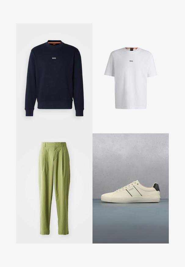Navyblauwe sweatshirt van zacht materiaal, met een ronde halslijn en geribde manchetten, met het woord "BOSS" in het wit gedrukt op de borst.; Witte katoenen T-shirt met korte mouwen, voorzien van een zwart "BOSS"-logo in het midden van de borst en een ronde halsontwerp.; Lichtgroene broek van een gestructureerde stof, met een rechte pasvorm, plooien aan de voorkant en een standaard tailleband.; Crème-kleurige sneakers met een gladde textuur, voorzien van zwarte accenten en branding. Tijdloos vetersysteem met een ronde neus en rubberen zool.