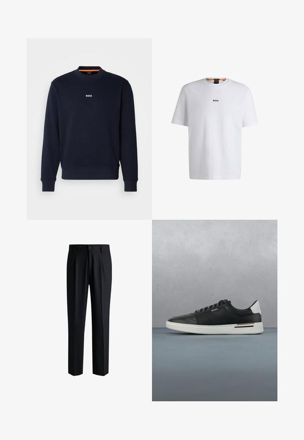 Sudadera azul marino de tela suave, con cuello redondo y puños acanalados, con la palabra "BOSS" impresa en blanco en el pecho.; Camiseta de algodón blanca de manga corta, con un logotipo negro "BOSS" centrado en el pecho y un diseño de cuello redondo.; Pantalones negros de tela suave, con un diseño de pierna recta, pliegues en la parte delantera y cierre de botón con trabillas para cinturón.; Zapatilla de cuero negra con suela blanca, cuenta con perforaciones, diseño de cordones, logo en el costado y detalle del talón en blanco y marrón.