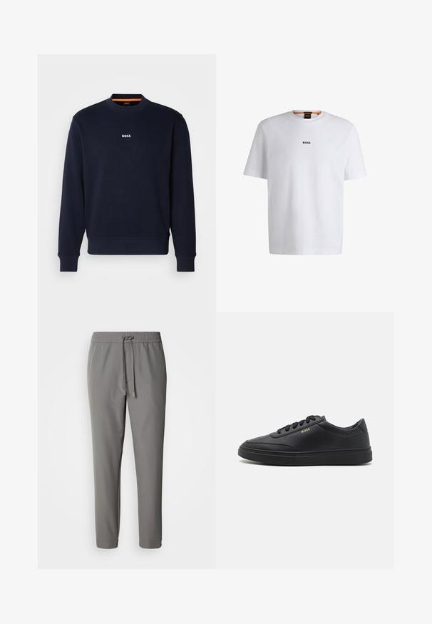Sudadera azul marino de tela suave, con cuello redondo y puños acanalados, con la palabra "BOSS" impresa en blanco en el pecho.; Camiseta de algodón blanca de manga corta, con un logotipo negro "BOSS" centrado en el pecho y un diseño de cuello redondo.; Pantalones grises ligeros con cintura elástica y cordón ajustable, con un diseño de pierna recta y bajos remangados.; Zapatillas de cuero negro con una textura suave, punta redondeada, suela plana de goma y cordones a tono. Presentan el logotipo dorado "BOSS" en el lateral.