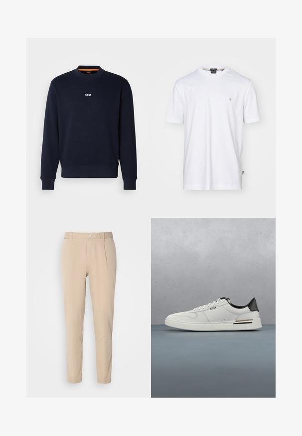 Navyblaues Sweatshirt aus weichem Stoff, mit Rundhalsausschnitt und Rippbündchen, mit dem Wort "BOSS" in Weiß auf der Brust bedruckt.; Weißes Baumwoll-T-Shirt mit Rundhalsausschnitt, kurzen Ärmeln und kleinem gesticktem Logo auf der Brust. Glatte Textur, lässiges Design.; Beige Hosen mit schmaler Passform, aus gewebtem Material. Sie verfügen über einen einzelnen Knopfverschluss, eine gefalte Vorderseite und gerade Beine.; Weißer Sneaker mit niedrigem Schnitt und schwarzer Ferse, Schnürverschluss, dezenten Perforationen und "BOSS"-Logo an der Seite, gezeigt von der äußeren Seitenansicht.