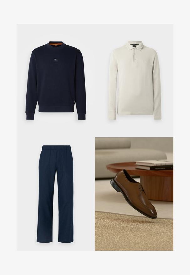 Sudadera azul marino de tela suave, con cuello redondo y puños acanalados, con la palabra "BOSS" impresa en blanco en el pecho.; Camisa polo de manga larga en beige claro, fabricada con tela suave. Cuenta con cuello, tapeta de tres botones y un sutil bordado de logotipo en el pecho.; Pantalones de pierna ancha en azul marino con cintura elástica, que cuentan con dos bolsillos frontales y una textura de tela suave y ligera.; Zapato de vestir de cuero marrón con cordones flotando sobre una alfombra texturizada beige, mesa de café redonda de madera y libros en el fondo.