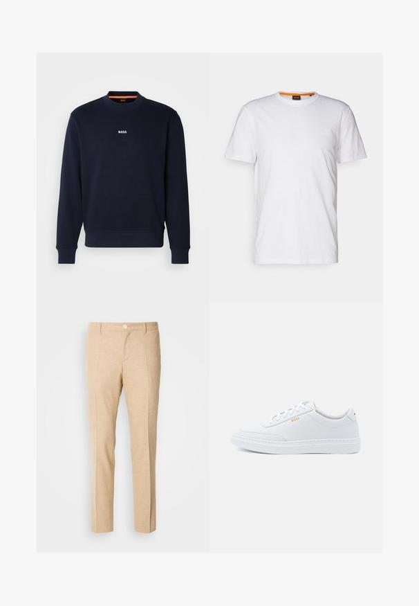 Navyblaues Sweatshirt aus weichem Stoff, mit Rundhalsausschnitt und Rippbündchen, mit dem Wort "BOSS" in Weiß auf der Brust bedruckt.; Weißes Baumwoll-T-Shirt mit Rundhalsausschnitt, kurzen Ärmeln und einem dezenten geprägten Logo auf der Brust. Das Innenschild hat einen orangefarbenen Akzent.; Beige maßgeschneiderte Hosen aus strukturierter Stoff, mit geradem Bein-Design, vorderen Falten und einem einzigen Knopfverschluss an der Taille.; Weiße Leder-Sneaker mit glatter Textur, runder Zehenpartie und tonal abgestepptem Design. Mit blauen Schnürsenkeln und einem goldenen Logo an der Seite.