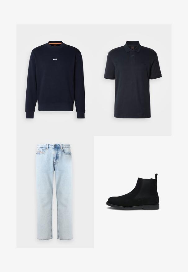 Navyblauwe sweatshirt van zacht materiaal, met een ronde halslijn en geribde manchetten, met het woord "BOSS" in het wit gedrukt op de borst.; Marineblauwe polo gemaakt van katoen, met een klassieke kraag, korte mouwen en een subtiel logo op de borst. Soepele textuur.; Lichtblauwe denim jeans met een rechte pijp, vijf zakken en subtiele vervaging. Voorzien van een knoopsluiting en een lus voor een riem.; Zwarte suède Chelsea enkellaarzen met elastische zijpanelen, trekkoord aan de achterkant en lage gestructureerde zool.