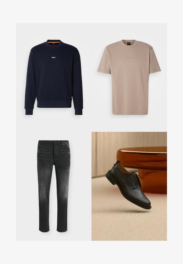 Navyblaues Sweatshirt aus weichem Stoff, mit Rundhalsausschnitt und Rippbündchen, mit dem Wort "BOSS" in Weiß auf der Brust bedruckt.; Beige T-Shirt mit kurzen Ärmeln aus weichem Baumwollstoff und Rundhalsausschnitt, mit einem gestickten "BOSS"-Logo auf der Brust.; Schwarze Skinny-Jeans mit ausgebleichten Details, Fünf-Taschen-Stil und Knopfverschluss in der Taille.; Schwarzer Herrenschuh aus Leder mit Schnürung, schwebt über einem beigen Teppich, im Hintergrund ein brauner runder Kaffeetisch.
