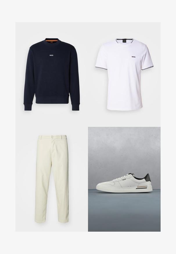Sudadera azul marino de tela suave, con cuello redondo y puños acanalados, con la palabra "BOSS" impresa en blanco en el pecho.; Camiseta de algodón blanca con mangas cortas, con un cuello redondo y rayas negras en el cuello y los puños de las mangas. Pequeño logotipo "BOSS" en el pecho.; Pantalones de algodón color beige claro con un diseño de pierna recta, cuentan con un cierre frontal de botón y bolsillos estándar, textura suave y sin patrones.; Zapatilla baja blanca con talón negro, cierre con cordones, perforaciones sutiles y el logo "BOSS" en el costado, mostrada desde el perfil exterior.
