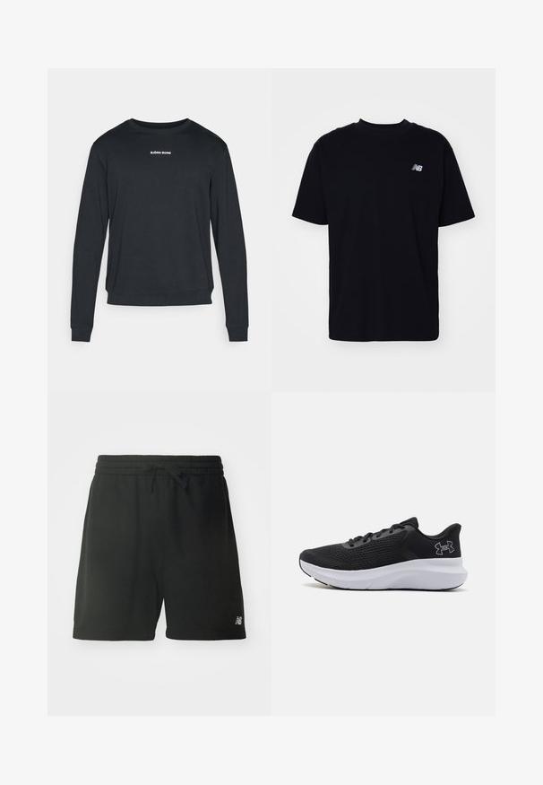 Schwarzer Langarm-Sweatshirt aus weichem Stoff, mit Rundhalsausschnitt, gerippten Bündchen und einem weißen Logo, das auf der Brust aufgedruckt ist.; Schwarzes Baumwoll-T-Shirt mit rundem Halsausschnitt, kurzen Ärmeln und einem kleinen, geprägten Logo auf der linken Brust. Klassischer Schnitt und glatte Textur.; Schwarze Baumwoll-Sportshorts mit elastischem Bund, verstellbarem Kordelzug und Logodetail am unteren linken Bein. Glatte Textur.; Schwarzer Sportschuh mit einem Obermaterial aus Mesh, gepolstertem Kragen und einer weißen Zwischensohle. Verfügt über eine strukturierte Sohle und ein Logo-Element an der Seite.