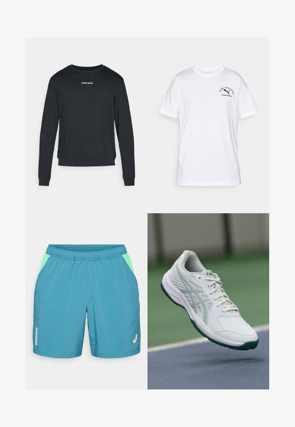 Schwarzer Langarm-Sweatshirt aus weichem Stoff, mit Rundhalsausschnitt, gerippten Bündchen und einem weißen Logo, das auf der Brust aufgedruckt ist.; Weißes Baumwoll-T-Shirt mit Rundhalsausschnitt und kurzen Ärmeln. Auf der linken Seite befindet sich schwarzer Logo-Text und eine Grafik. Grundlegendes, schlichtes Design.; Herren-Athletikshorts in Blau mit einem grünen Seiteneinsatz aus Mesh, elastischem Bund und Logo-Akzent. Hergestellt aus leichtem Stoff.; Weißer Sportschuh mit hellblauen Akzenten, strukturiertem Synthetik-Obermaterial, herkömmlichem Schnürverschluss und Gummisohle, entworfen für Hallensportarten.