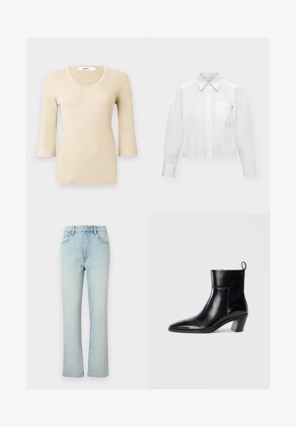 Beige ribbet langærmet bluse med en rund halsudskæring. Teksturen er glat og tætsiddende. Udsvingede manchetter tilføjer en subtil designdetalje.; Hvid skjorte med lange ærmer, knapper, krave og brystlomme med et lille broderet logo.; Lyseblå jeans med høj talje og lige ben, med forreste knap, bæltestropper og klassisk femlomme design mod en ensfarvet baggrund.; Sort læder ankelstøvle med spids tå, geometrisk stablet hæl og en løftestrop bagpå. Glat tekstur og slankt design.