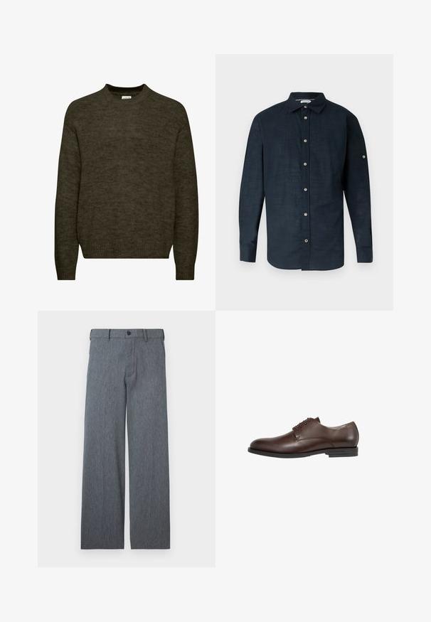 Mørkegrøn strikket sweater med rund halsudskæring, lange ærmer og ribbede manchetter. Blød tekstur med en let fuzzy finish.; Mørk marineblå langærmet skjorte med knapper og krave samt en enkelt knap på hver manchet, vist mod en lys baggrund.; Grå bukser med lige ben, bæltestropper, knaplukning og diskret tekstureret stof, vist mod en hvid baggrund.; Brune lædersko med rund tå, seks snørre-øjer og en lavprofil gummisål med et diskret mønster.