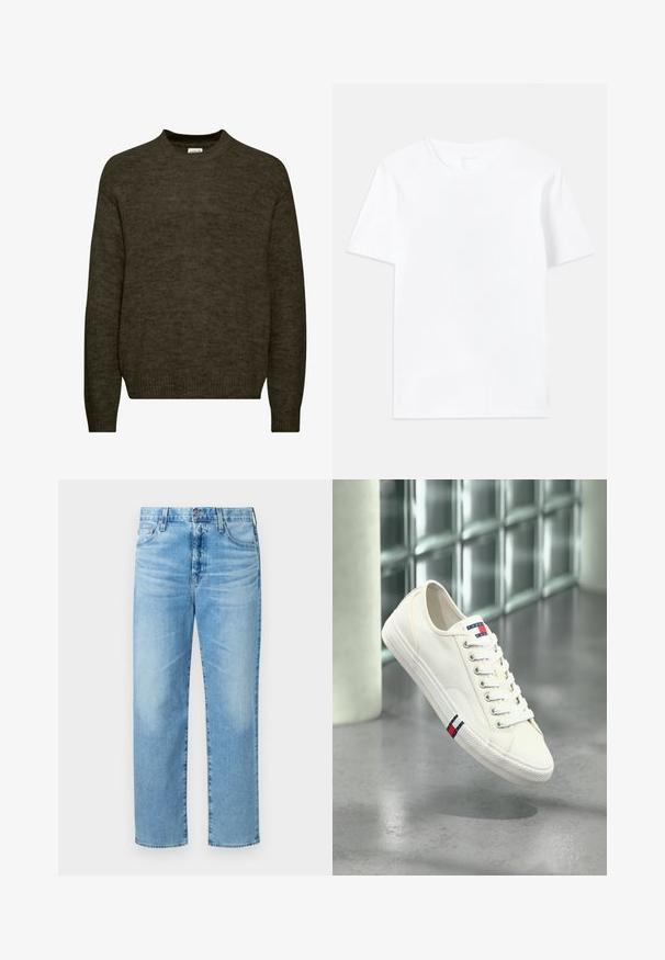 Mørkegrøn strikket sweater med rund halsudskæring, lange ærmer og ribbede manchetter. Blød tekstur med en let fuzzy finish.; Hvid bomulds T-shirt med en klassisk rund halsudskæring og korte ærmer, der har en glat tekstur og et regulært pasform design.; Lyseblå denim jeans med lige ben design, som har fem lommer, lynlås i gylpen og en subtil falmet tekstur.; Hvid lavtop lærredssneaker med snørebånd og rødt, hvidt og blåt Tommy Hilfiger-logo på tungen og siden, svævende over en grå gulv.