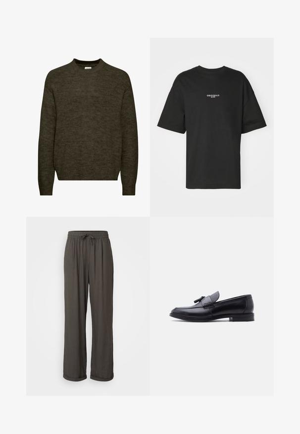 Mørkegrøn strikket sweater med rund halsudskæring, lange ærmer og ribbede manchetter. Blød tekstur med en let fuzzy finish.; Sort kortærmet t-shirt lavet af bomuld, med et hvidt print "ORIGINALS est. 1970" på brystet, afslappet pasform og rund halsudskæring.; Mørkegrå vide bukser med snøre i livet, lavet af et blødt, struktureret stof, med oprullede manchetter ved anklerne.; Sort læderloafer med tekstureret gråt stofpanel og kvastdetalje, lav hæl og rundet tå, vist fra siden mod en hvid baggrund.