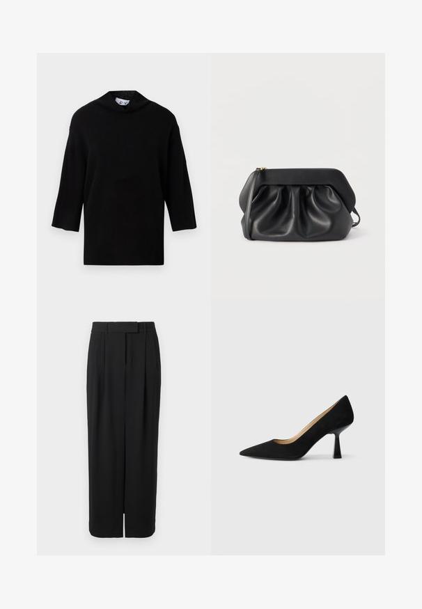 Sort strikket sweater med høj krave og korte, brede ærmer. Glat tekstur, minimalistisk design og boksformet silhouette.; Sorte brede bukser med høj talje, en frontploo, bæltestropper og skjult lukning på hvid baggrund.; Sorte ruskinds højhælede pumps med spids tå, der har en blank sort blokhæl og en glat indvendig foring.; Sort læderclutch med struktureret ramme, rynkedetaljer og en slank håndledsrem på hvid baggrund.