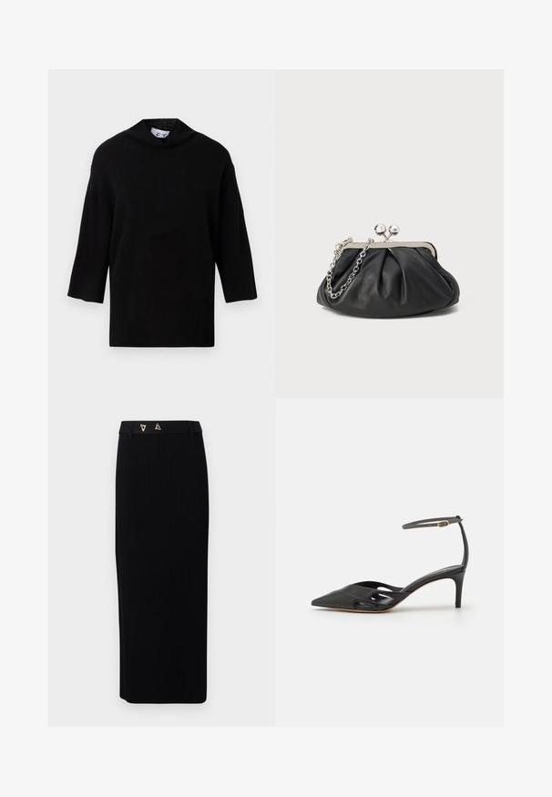 Sort strikket sweater med høj krave og korte, brede ærmer. Glat tekstur, minimalistisk design og boksformet silhouette.; AERON FORUM - Pencil skirt - black; Sort læder højhælet sko med spids tå, åbne sider og en tynd ankelrem med en lille guld detalje.; Sort læder clutch med samlet tekstur, sølvfarvet metalramme, kys-lås lukning og kædestrop. Glat, blød overflade.