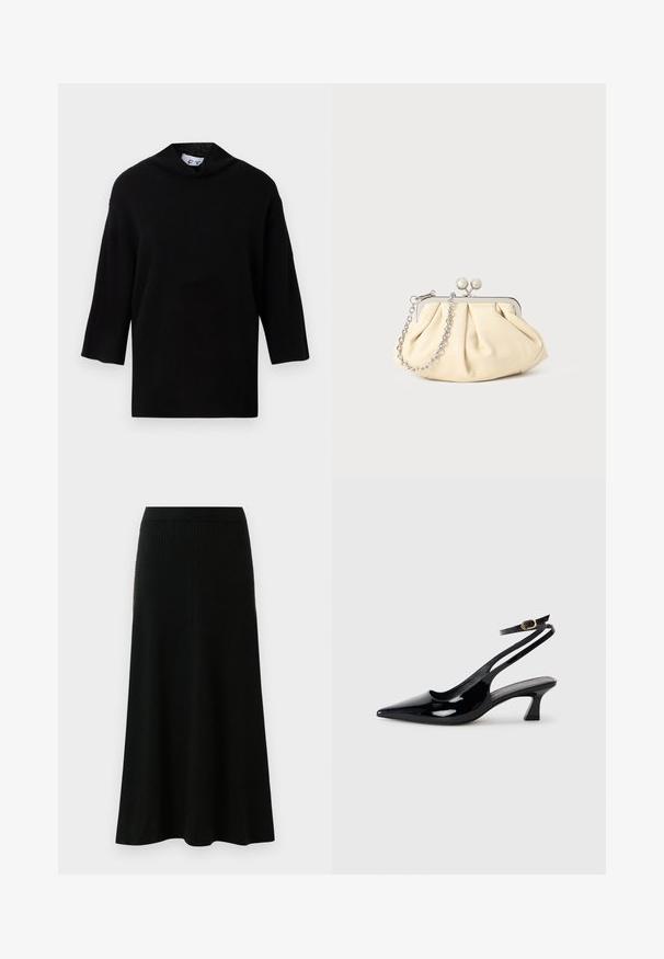Pull en tricot noir avec un col haut et des manches courtes et larges. Texture lisse, design minimaliste et coupe carrée.; Jupe longue noire en tricot côtelé avec une taille haute et une texture verticale subtile, s'élargissant doucement vers l'ourlet.; Escarpins à brides arrière en cuir verni noir, à bout pointu, avec un petit talon carré et une sangle de cheville ajustable dotée d'une boucle dorée.; Pochette en cuir beige plissé avec un cadre en métal argenté, dotée de deux fermoirs ronds décoratifs et d'une chaîne en argent.