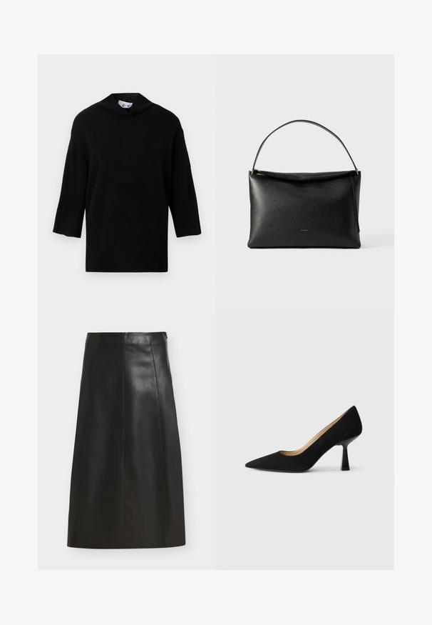 Sort strikket sweater med høj krave og korte, brede ærmer. Glat tekstur, minimalistisk design og boksformet silhouette.; Sort A-formet midi nederdel med syningspaneler og sidelukning med lynlås, vist mod en hvid baggrund.; Sorte ruskinds højhælede pumps med spids tå, der har en blank sort blokhæl og en glat indvendig foring.; Sort læderhåndtaske med en glat tekstur, et buet håndtag og en lynlåsdetaile i guldton. Minimalistisk design med et diskret logo.