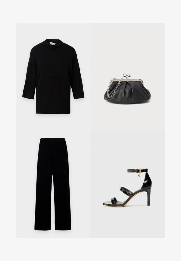 Sort strikket sweater med høj krave og korte, brede ærmer. Glat tekstur, minimalistisk design og boksformet silhouette.; Sorte brede bukser med elastisk talje og blødt fløjl, præsenteret mod en ensfarvet lys baggrund.; Sorte patenterede lædersandaler med tre stropper, ankelspænde og 10 cm stiletthæl. Har detaljer i guld og et logo charms.; Sort læder clutch med samlet tekstur, sølvfarvet metalramme, kys-lås lukning og kædestrop. Glat, blød overflade.
