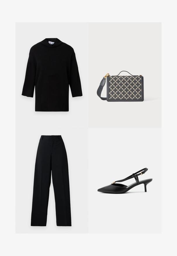 Sort strikket sweater med høj krave og korte, brede ærmer. Glat tekstur, minimalistisk design og boksformet silhouette.; Sorte højtaljede vidde bukser med knap- og lynlåslukning, bæltestropper og en ren, glat stoffinish.; Sort læder slingback kitten heel med spids tå, slank T-rem, justerbar spænde og lille guldfinish på remmen.; Lædertaske med mørkeblå yderside og beige geometrisk mønster. Har en toprem, justerbar strop og guldfarvede hardware detaljer.