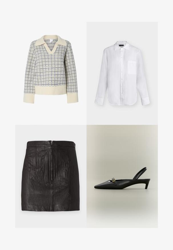 Crème trui met een V-hals en brede kraag, voorzien van een blauw ruitpatroon. Geribbelde manchetten en zoom, textuurstof.; Witte lange mouwen blouse met knopen, puntkraag en één borstzak, weergegeven op een effen lichtgrijze achtergrond.; Zwarte leren minirok met eenritssluiting aan de voorkant en subtiele verticale naaddetails op een effen achtergrond.; Zwarte lederen slingback kitten heel met puntige neus en klein gouden gespsluiting op een effen achtergrond.