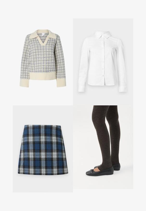 Pull crème avec un col en V et un col large, présentant un motif à carreaux bleu. Poignets et ourlet côtelés, tissu texturé.; Chemise blanche à manches longues avec boutons, col pointu, ourlet droit et silhouette ajustée, présentée sur un fond clair uni.; Jupe en tartan bleu présentant un motif à carreaux varié en bleu, noir et blanc. Fabriquée dans un tissu texturé avec une silhouette ajustée.; Jambes portant des leggings côtelés foncés associés à des ballerines noires avec de petits détails en nœud sur fond blanc.