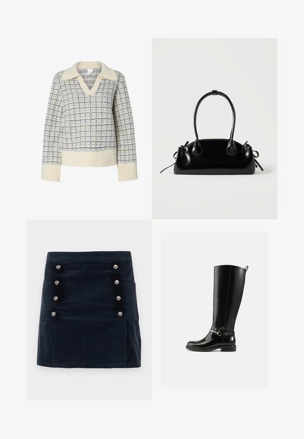 Cremefarvet sweater med V-hals og bred krave, med et blåt rutemønster. Ribstrikkede manchetter og kant, struktureret stof.; Marineblå corduroy nederdel med lige pasform, fem metalliske knapper foran og to sidelommer for funktionalitet.; Sorte knæhøje støvler lavet af blankt læder med en sølvfarvet spænde ved anklen og rundet snude. Flad sål.; Lille sort blank håndtaske med to lange håndtag og snøre-detaljer i siden på en ensfarvet lys baggrund.