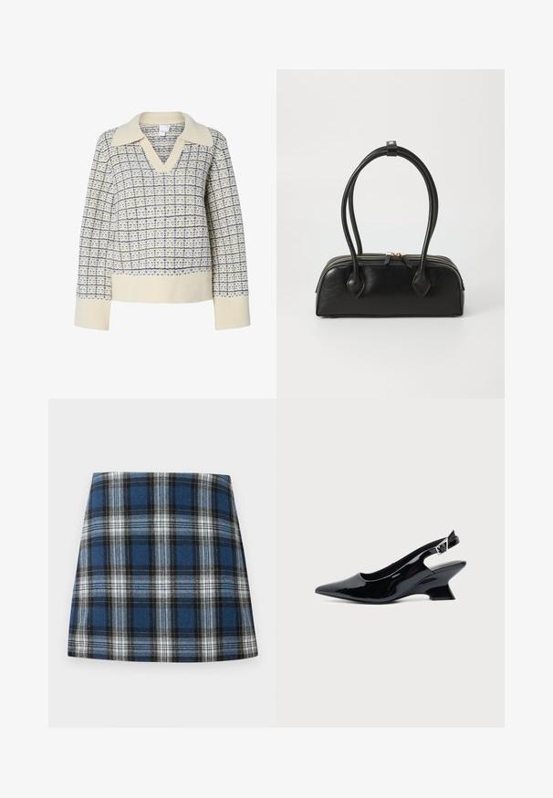 Pull crème avec un col en V et un col large, présentant un motif à carreaux bleu. Poignets et ourlet côtelés, tissu texturé.; Jupe en tartan bleu présentant un motif à carreaux varié en bleu, noir et blanc. Fabriquée dans un tissu texturé avec une silhouette ajustée.; Chaussure slingback en cuir verni noir avec bout pointu et petit talon bloc incliné sur fond clair uni.; Sac à main en cuir noir avec deux anses allongées, fermeture éclair et forme arrondie ; texture lisse avec une finition légèrement brillante.