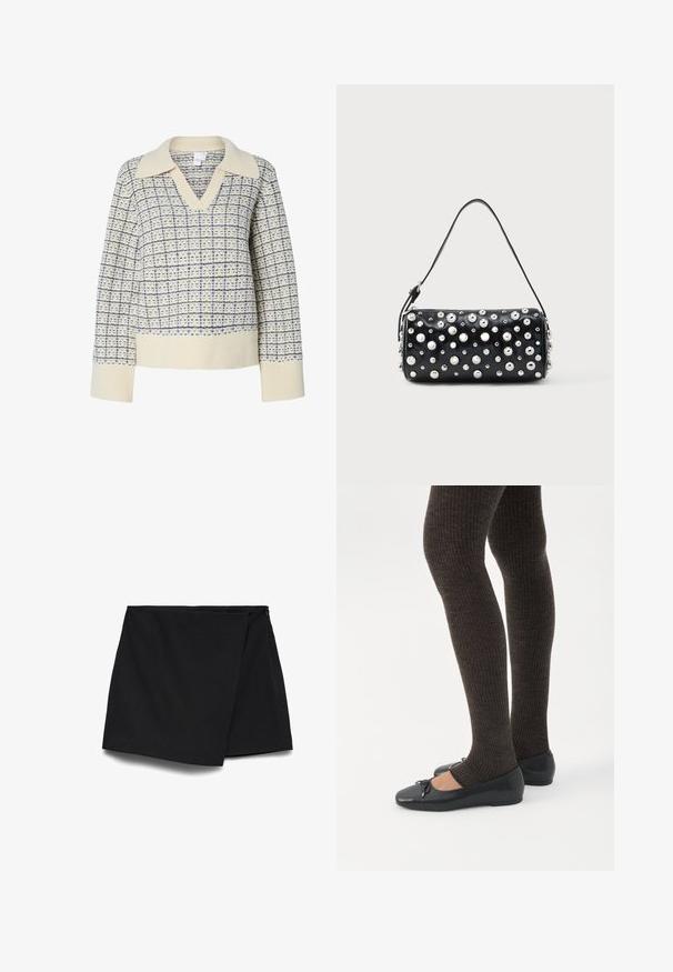 Cremefarvet sweater med V-hals og bred krave, med et blåt rutemønster. Ribstrikkede manchetter og kant, struktureret stof.; Sort asymmetrisk mininederdel med indpakningsfront og sidelukning med lynlås.; Ben iført mørke ribbede leggings kombineret med sorte balletsko med små sløjfedetaljer på hvid baggrund.; Sort læderhåndtaske med rund form, dekoreret med sølvnitter. Har en aftagelig rem og lynlås. Glat tekstur.