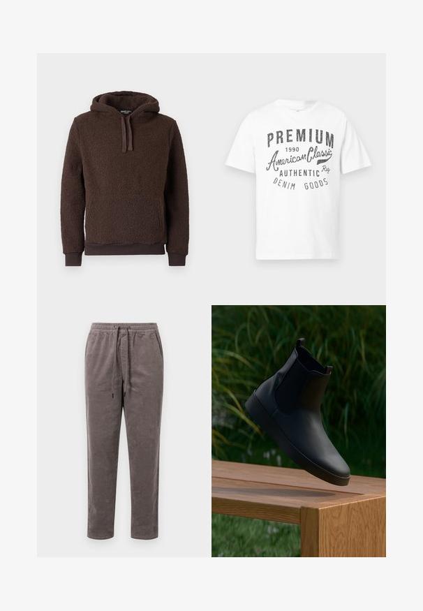 Pruun fliistee hoodie tekstuuriga pinnaga, esikott, nööriga kapuuts ja soonikused varrukad. Pehme, soe kangas ja lõdva istuvusega.; Valge puuvillane t-särk, millel on musta trükitud tekst "PREMIUM American Classic 1990 AUTHENTIC DENIM GOODS." Lühikesed varrukad, tavapärane lõige.; Korduroist püksid tuhmis taupe värvitoonis, millel on elastne vöökoht koos paeltega ja kitsenevad sääred, millel on vertikaalne ribatextuur.; Mustad musta nahast pahkluu saabaste paar, millel on elastsed külgpaneelid, sile tekstuur, ümarad varbad ja lamedad tallad, asetatud puidust laua peale rohelise taustaga.