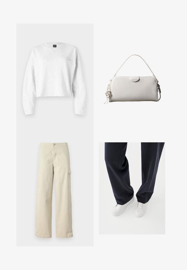 Lyhennetty harmaa huppari, joka on valmistettu pehmeästä kankaasta; siinä on V-pääntie, pitkät hihat ja pieni kirjailtu logo vasemmassa rinnassa.; Beige cargo-housut, jotka on valmistettu pehmeästä puuvillasta, suoran leikkauksen omaavia, edessä nappikiinnitys ja sivutasku läpällä.; Valkoiset tennarit, joissa on kuvioidut kumipohjat ja litteät nauhat, yhdistettynä tummansinisiin housuihin, joiden kangas on löysä ja sileä sekä istuvuus räätälöity.; Valkoinen suorakaiteen muotoinen Calvin Kleinin käsilaukku, jossa on yksittäinen kahva, minimalistinen muotoilu ja koristeelliset tupsut, joissa on geometrinen metalliriipus sivulla.