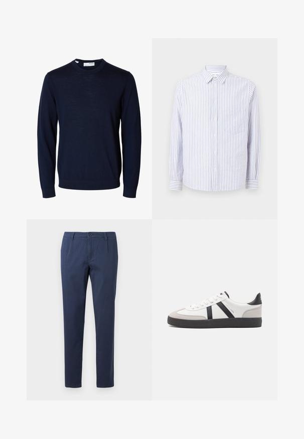 Marineblauer Langarmpullover mit Rundhalsausschnitt, gerippten Bündchen und Saum, gefertigt aus feinem Strickstoff.; Gestreiftes Button-Up-Hemd in Hellblau und Weiß. Mit einem spitzen Kragen, langen Ärmeln und einer einzelnen Brusttasche. Aus Baumwollstoff.; Marineblaue Hose aus leichtem Stoff, mit einem frontalen Knopfverschluss, zwei Seitentaschen und einem geraden Beinansatz.; Weiße Sneaker mit schwarz- und grau-aczenten, ausgestattet mit einer strukturierten grauen Zehenkappe, schwarzer Gummi-Sohle und flachen weißen Schnürsenkeln. Sauberes Design, minimalistische Stil.