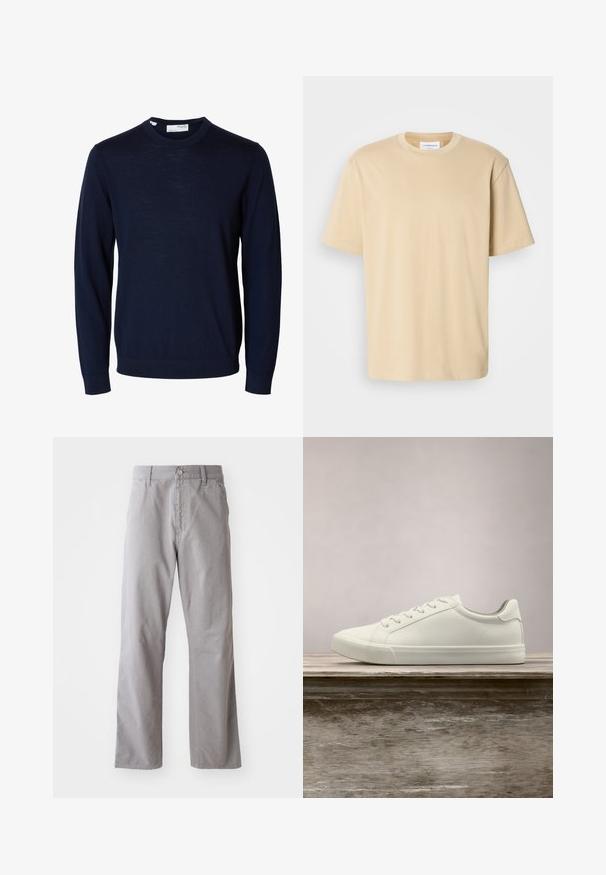 Navyblauwe trui met lange mouwen en ronde hals, met geribbelde boorden en zoom, gemaakt van fijne gebreide stof.; Beige t-shirt met korte mouwen, gemaakt van zachte stof. Heeft een ronde halslijn en een relaxte pasvorm zonder zichtbare patronen of accenten.; Grijze katoenen broek met een recht ontwerp, voorzien van een knoopsluiting aan de voorkant en lussen voor een riem. Soepele textuur en minimale details.; Witte vetersneaker die boven een houten bank zweeft met groene bladeren op de achtergrond, waarbij het ontwerp en de textuur van de schoen worden getoond.